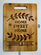 Load image into Gallery viewer, Cutting Board, Personalized Anniversary Gift, Housewarming Gift, Home Owner Couple Gift Ideas, Personalized Home Sweet Home Bamboo Cutting Board Present, First Home Buyer, Wedding Gift, Real Estate Engraved Gifts