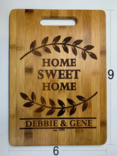 Load image into Gallery viewer, Cutting Board, Personalized Anniversary Gift, Housewarming Gift, Home Owner Couple Gift Ideas, Personalized Home Sweet Home Bamboo Cutting Board Present, First Home Buyer, Wedding Gift, Real Estate Engraved Gifts
